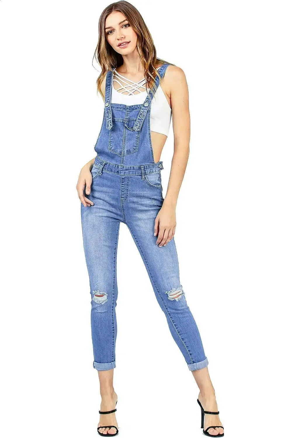 Summer Denim Jumpsuit Women Overall Rompers Jeans Pants Casual Hole Trousers Female High Waist Slim Pencil 241224Z