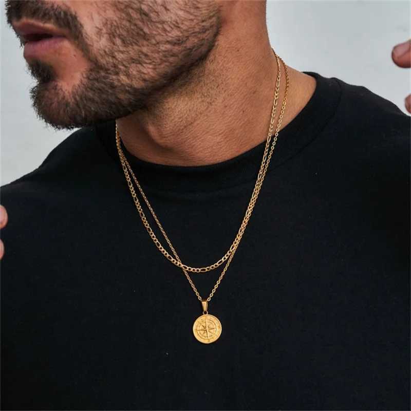 Rock Multilayer Chain Necklace For Men Hip Hop Coin Pendant Necklace Figaro Twist Chain Necklace Mens Street JewelryXJ241227