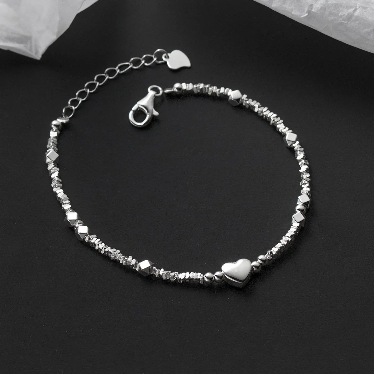 194cm Irregular Heart Anklet For Women Sweet Romantic Silver 925 ID Card Bead Bracelet Shinny Fine Jewelry 241226