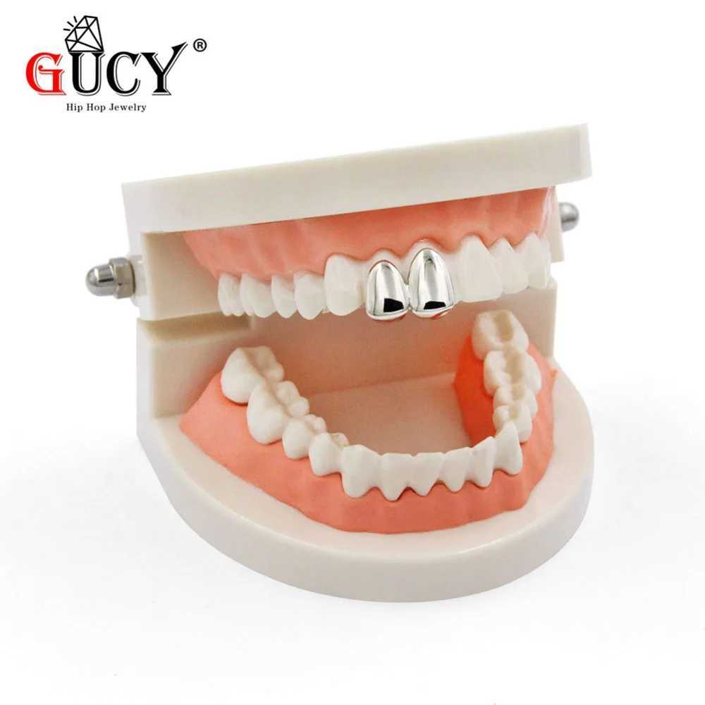 GUCY Double Cs Gold Galvanized Teeth Grillz Canine Regular Double Teeth Right Top Single Cs Grill Halloween Gift W241227