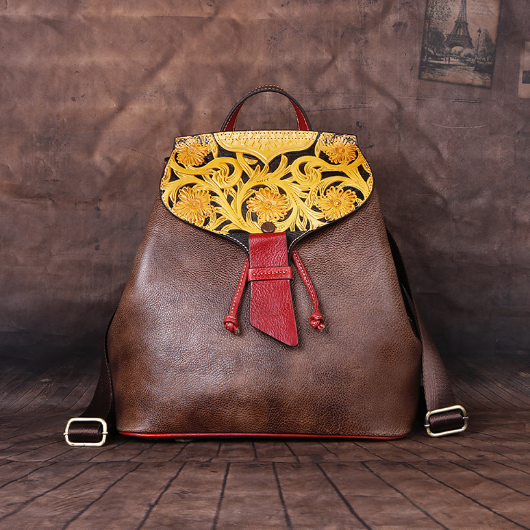 2023 New Women's Shoulder Cover Layer Leather Embossed Personalized Backpack Straight