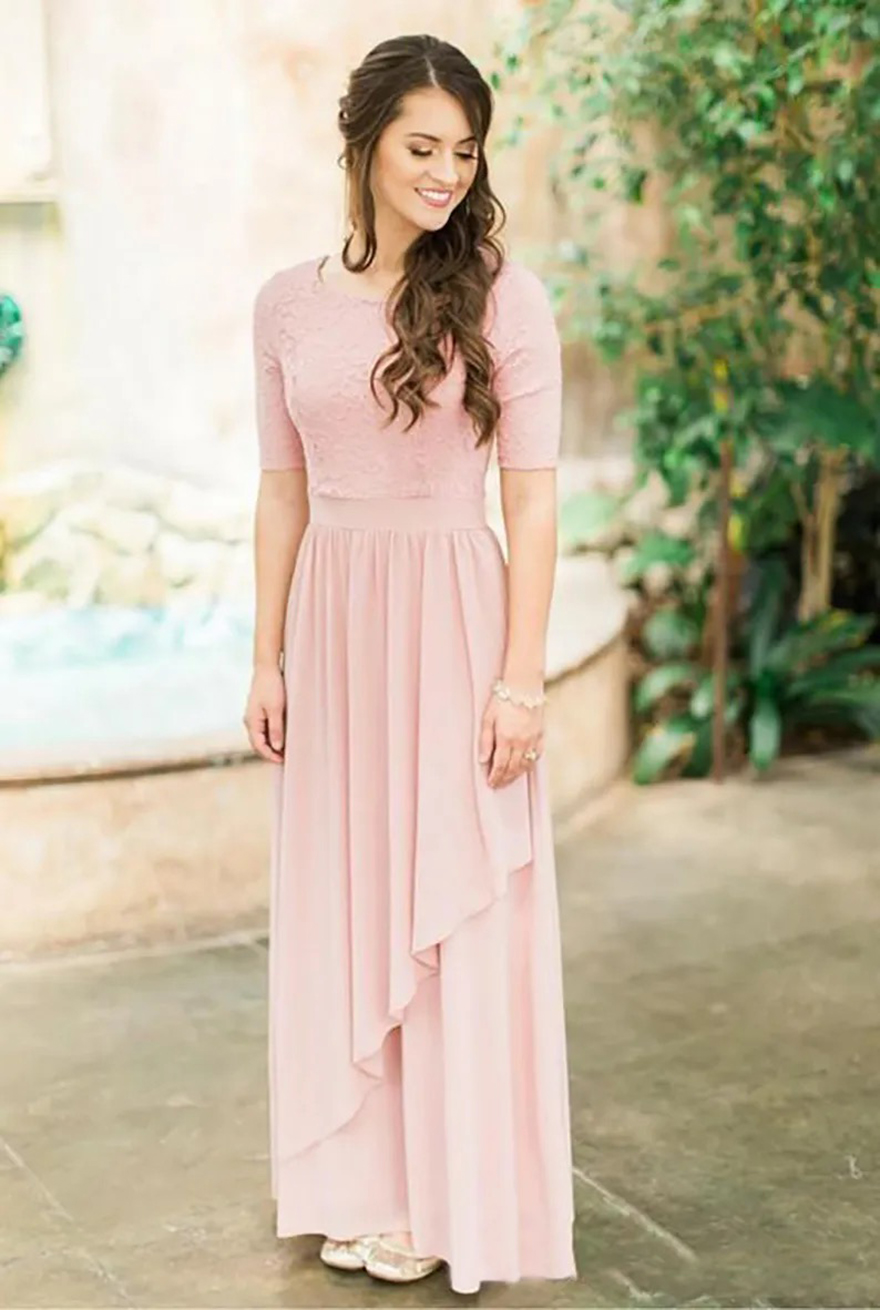 2024 Modest Rose Dusty Long Bridesmaid Dresses With Half Sleeves Lace Chiffon Country Wedding Bridesmaids Dresses Boho Sleeved Custom Made
