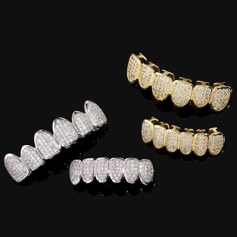 Silver Plated d Out Micro Pave Teeth Grillz For Men Top Bottom AAA Cubic Zirconia Grills Set Man Women Dental Jewelry Gifts W241227