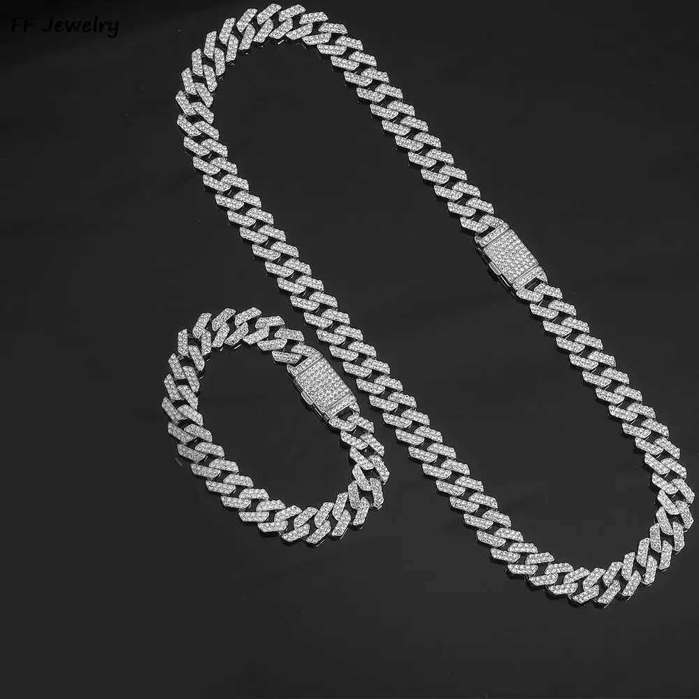 12mm set of Men Women Hip Hop d Out Bling Prong Cuban Chain Necklace Paved Rhinestone Link Chain Choker Necklace Men JewelryXJ241227