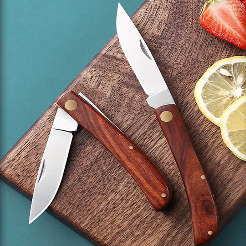 Stainless steel fruit cutting knife wooden handle folding knife household melon fruit vegetable knife pocket knife Y241227