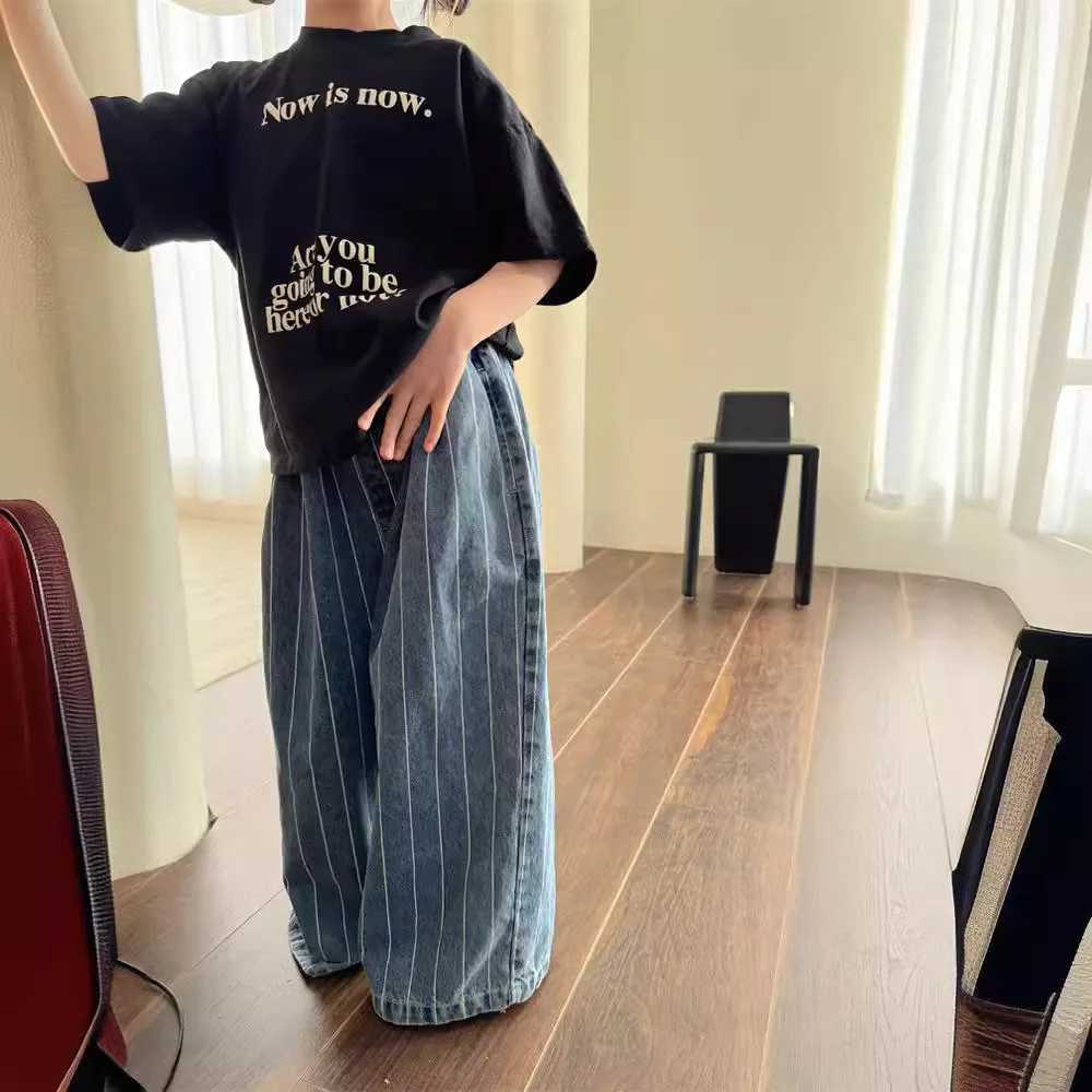 2024 Spring Summer Kids jeans fashion Boys Vertical stripes denim wide leg pants Girls loose casual Trousers W241227