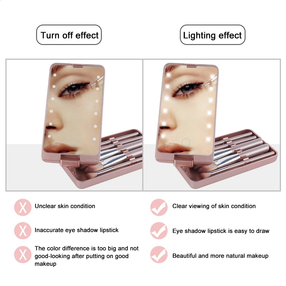 Portable Makeup Mirror With 5 Brushes Storage Box Rotatable LED Touch One-Face Storage Box Foldable Compact Makeup Mirror 241223