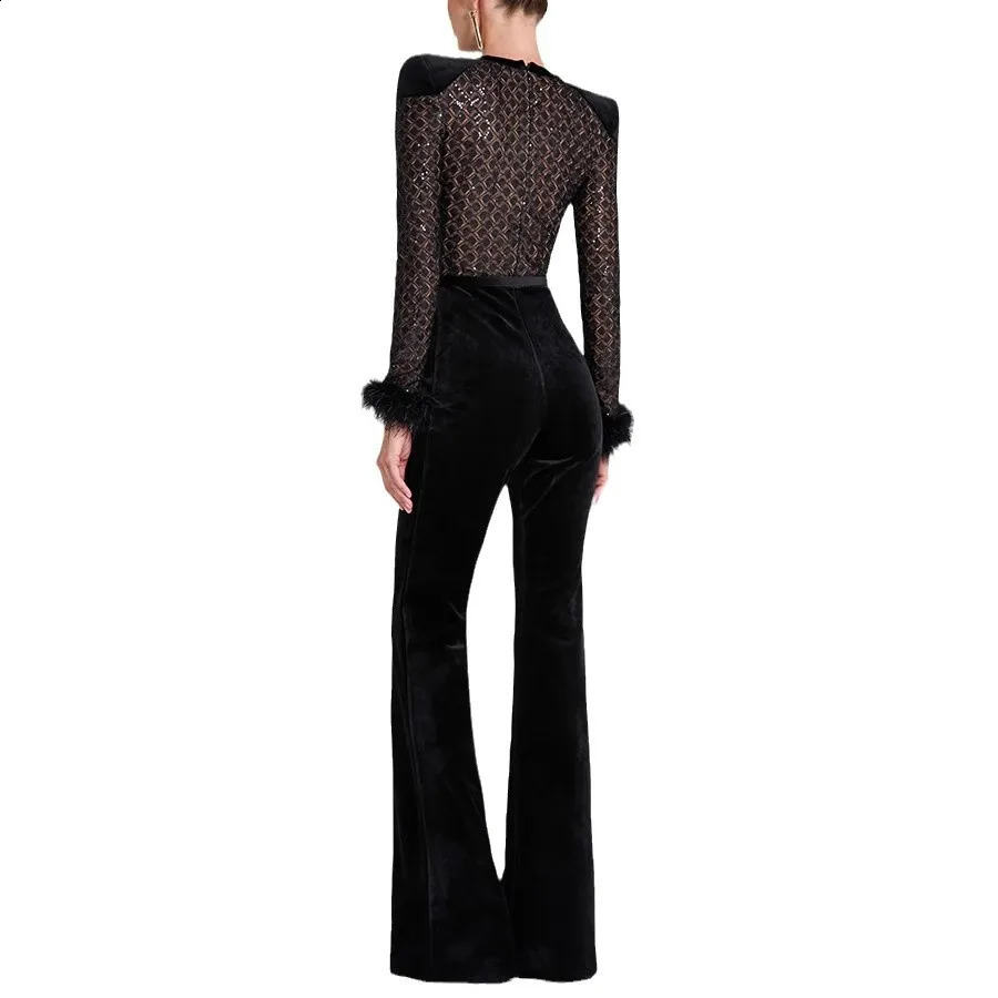 Autumn And Winter Gold Velvet Stitching Long-Sleeved Jumpsuit INS Casual Party Womens Trousers 241224
