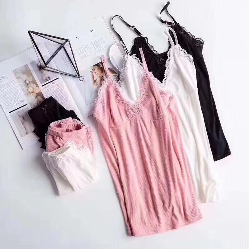 B599-Pajamas women summer sexy sexy lace V-neck slim fit threaded cotton home clothes suspenders shorts set
