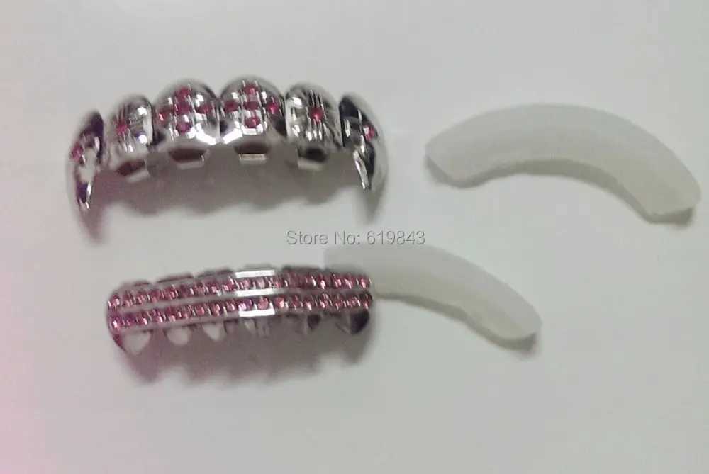Grill Brand Pink Glass Stones Silver PLATED VAMPIRE HIPHOP TEETH grill TOP BOTTOM grill SET Bo Jewelry W241227