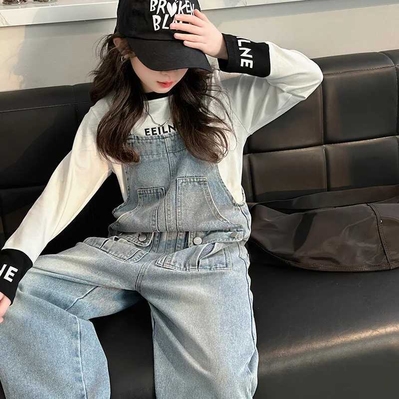 Spring Kids Over ultra-thin Trouser girls hanging bib jeans teenage jeans jumpsuit childrens clothing 5-14 years W241227