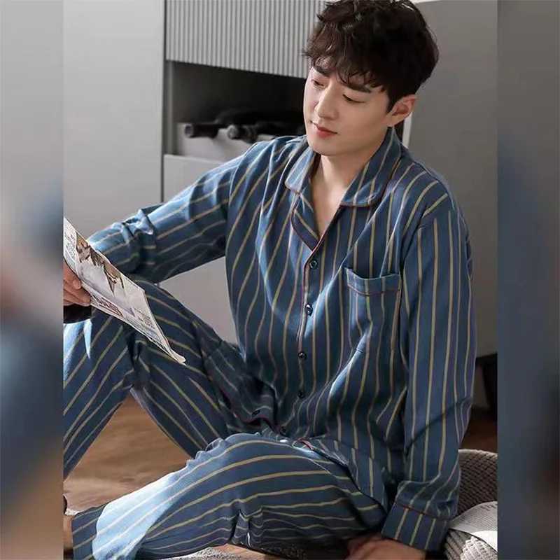 2PCS/Set Pajamas Mens Autumn and Winter Long-Sleeved Cotton Style Big Size Outside Casual Striped Solid Homewear Clothing SuitXJ241227