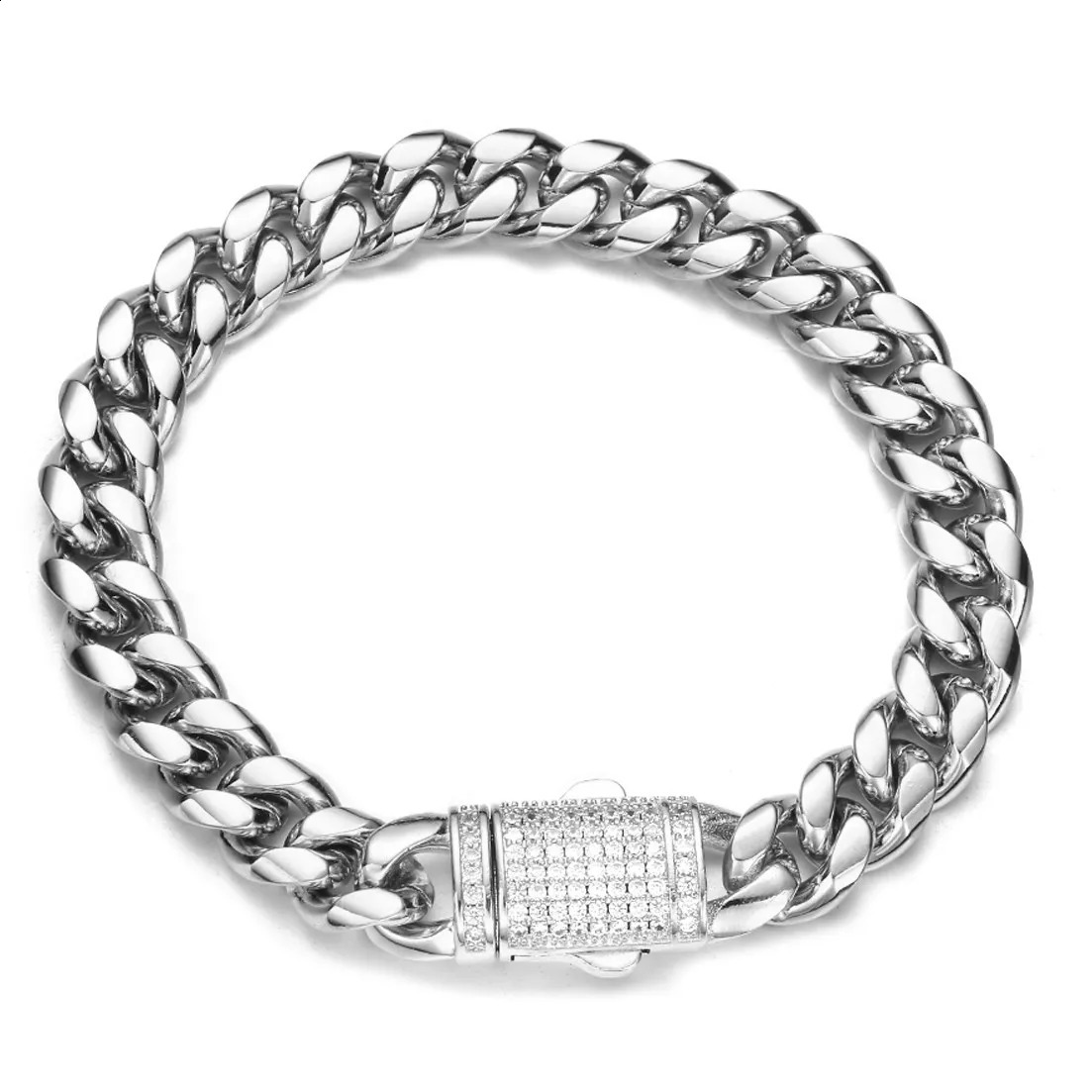 6/8/10/12/14mm HipHop Crystal Buckle Men Women 316L Stainless Steel Miami Cuban Link Chain Bracelet Fashion Jewelry 241227