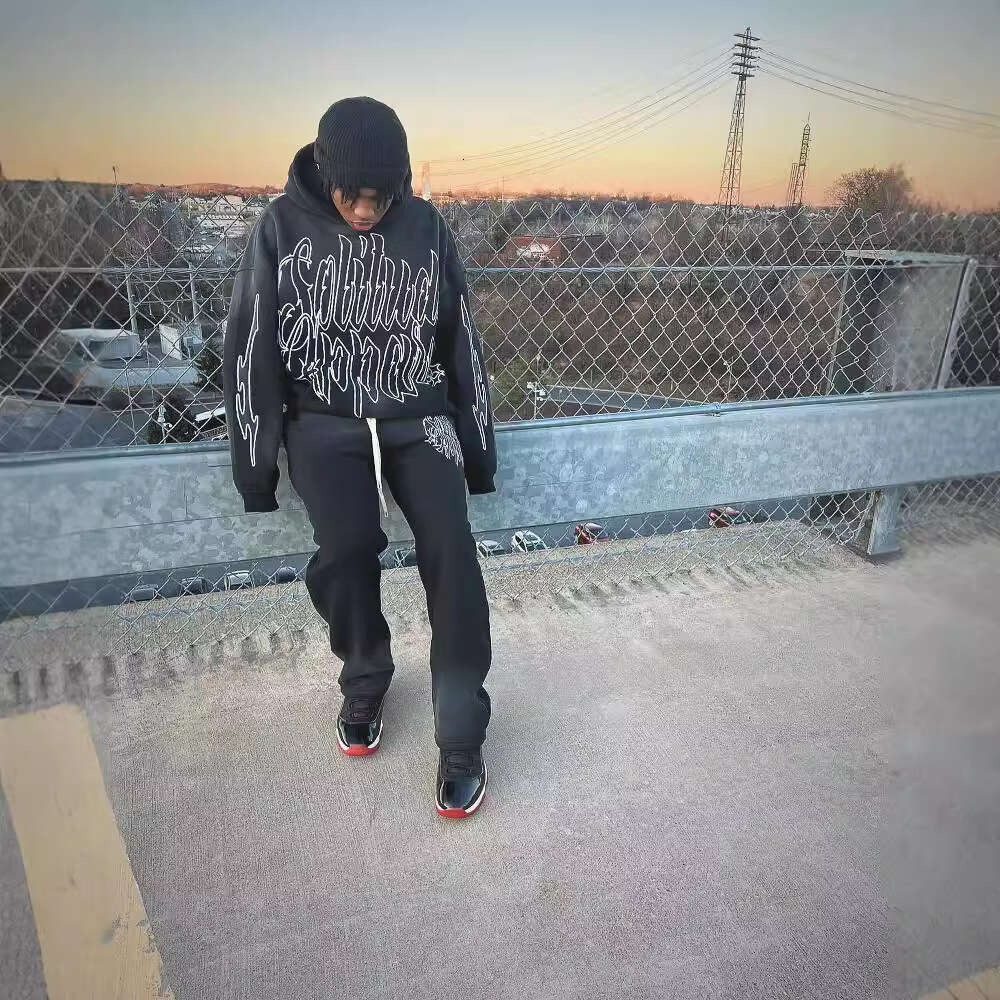 Autumn Winter High Street Pattern Printed Y2K Hoodie Elastic Waist Wide Leg Pants Trendy Men's and Women's Set Batch