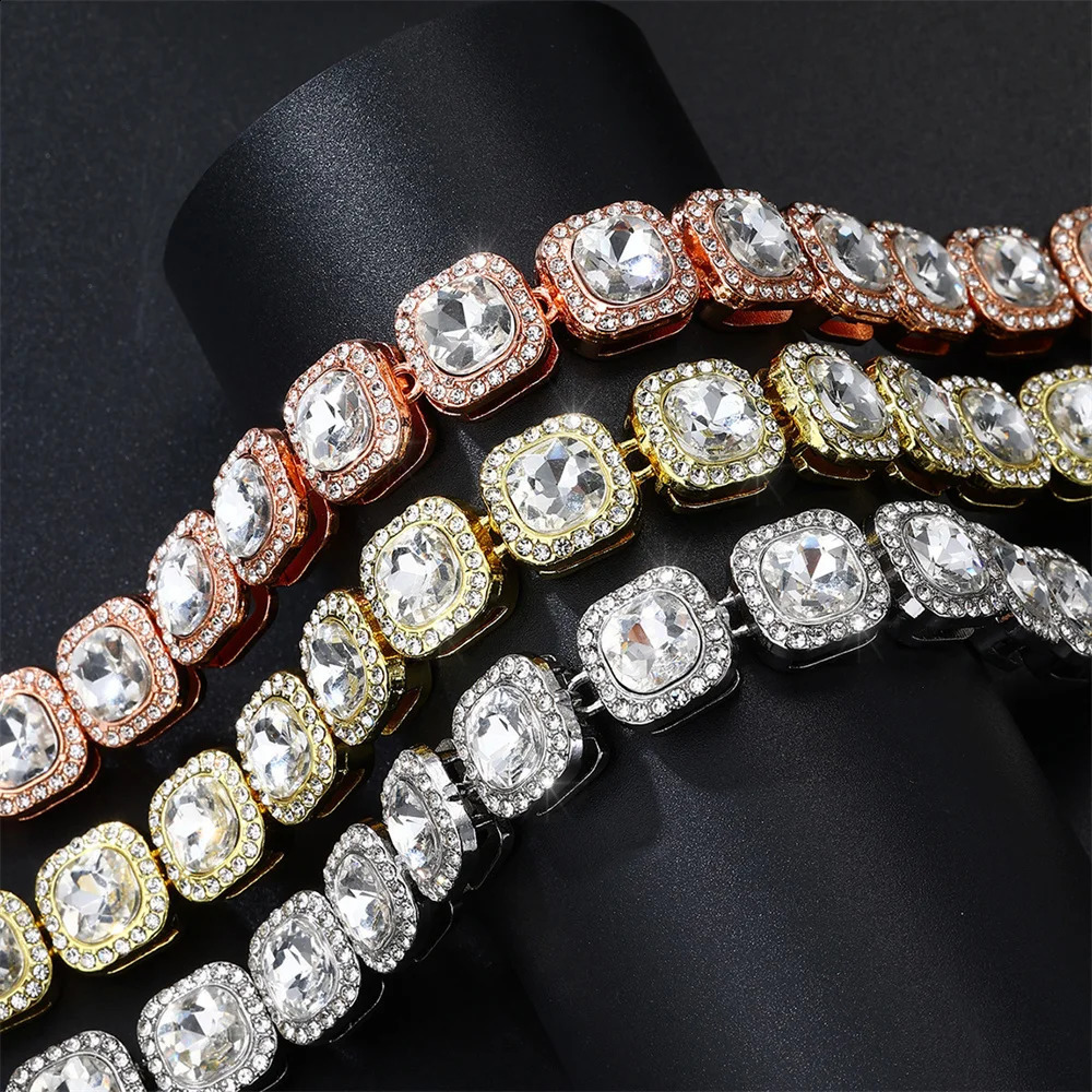 Hip Hop 12MM Micro Pave Prong Cubic Zircon 1Row Alloy Tennis Chain Bracelet Necklace Bling Mens For Men Women Jewelry 241227