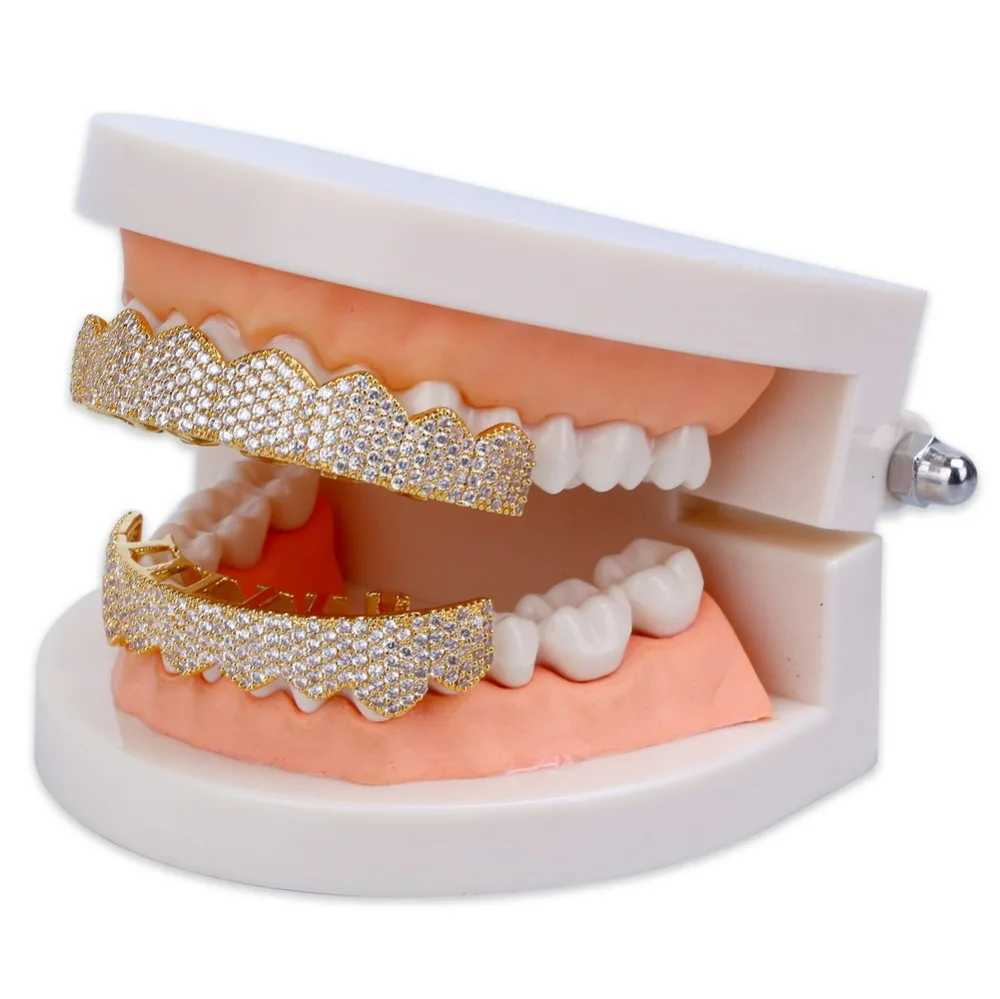TOPGRILLZ Fit Gold Silver Color d Out Hip Hop Teeth Grillz Micro Pave Cubic Zircon Top Bottom Teeth Grills Set W241227