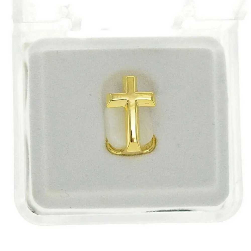 TOPGRILLZ Single Cross Teeth Grillz Yellow Gold Color Plated Canine One Tooth Grills Upper Hip Hop Top Fangs Hollow Grill W241227