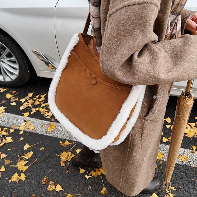 autumn winter frosted leather paired with lamb wool bucket bag, women's diagonal cross high-end feeling, large capacity tote bag 241215