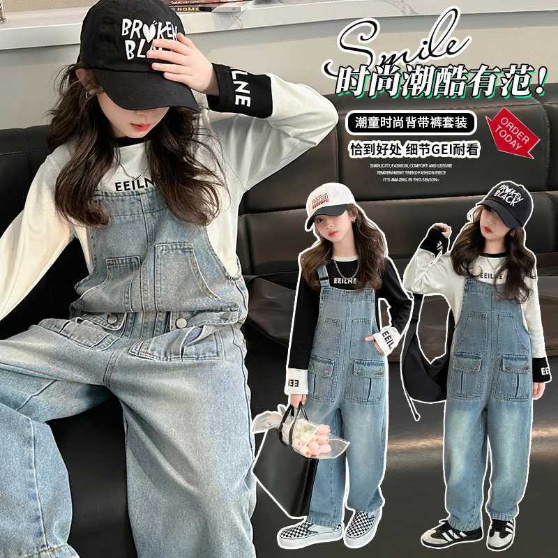 Spring Kids Over ultra-thin Trouser girls hanging bib jeans teenage jeans jumpsuit childrens clothing 5-14 years W241227