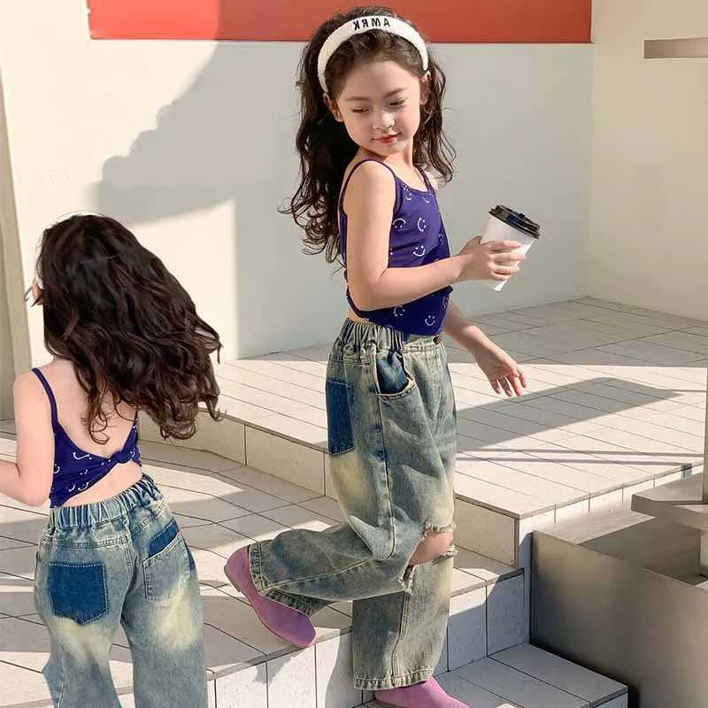Childrens jeans torn jeans boys and girls pants girls wide leg jeans 3 to 7 years old childrens clothing W241227