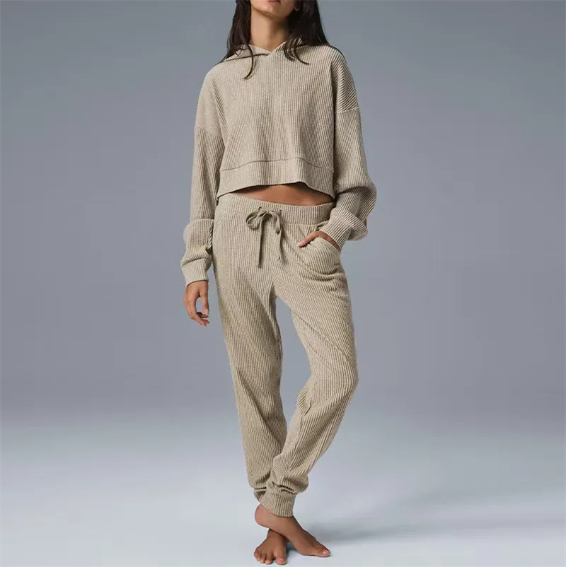 Ladies' Threaded Corduroy Hoodie & Sweatpant Combo - Perfect for Yoga and Leisure Wear