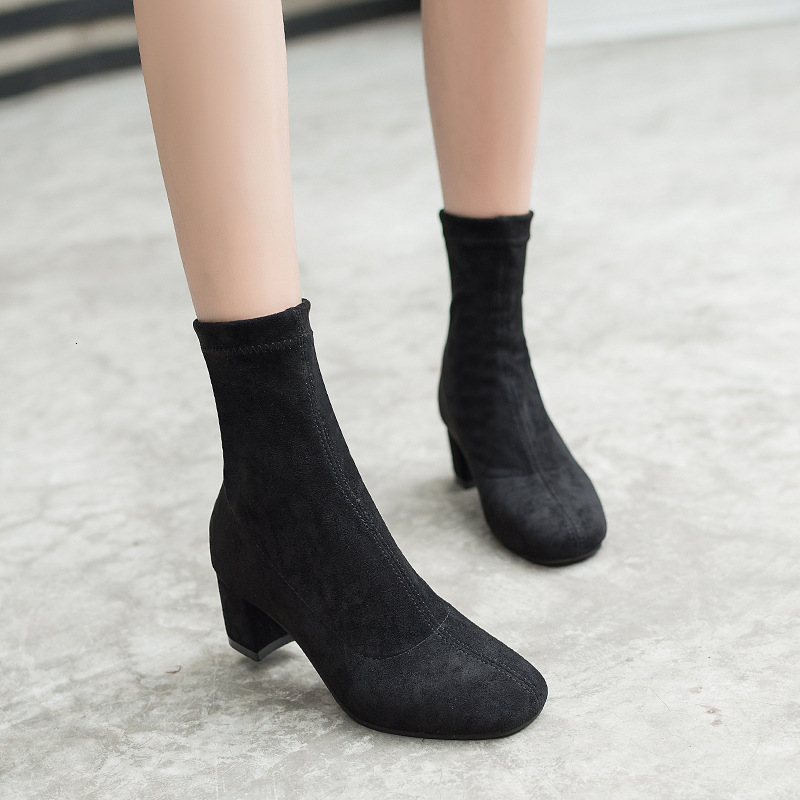Ddmywed Autumn/Winter New Suede Leather Square Headed Casual Short Thick Middle Heel Elastic Cloth Boots Chinese Brand Shoes F1227-32 ddmythur