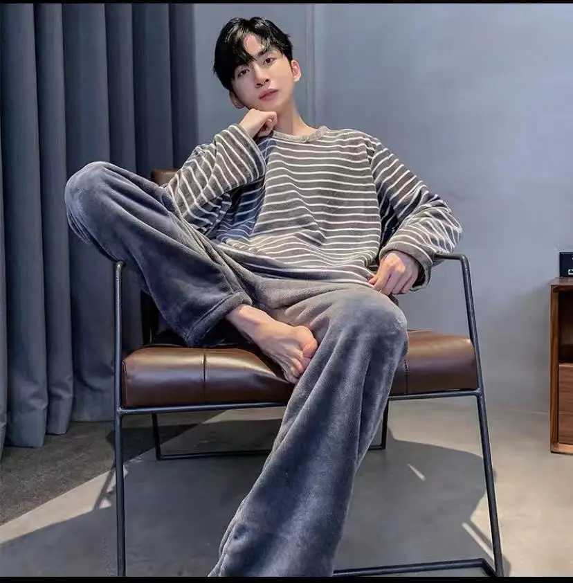 Fall and Winter New Mens Warm Pajamas Homewear Suit Teen Facecloth Simple Leisure Mens Home Pajamas Warm Homewear SuitXJ241227