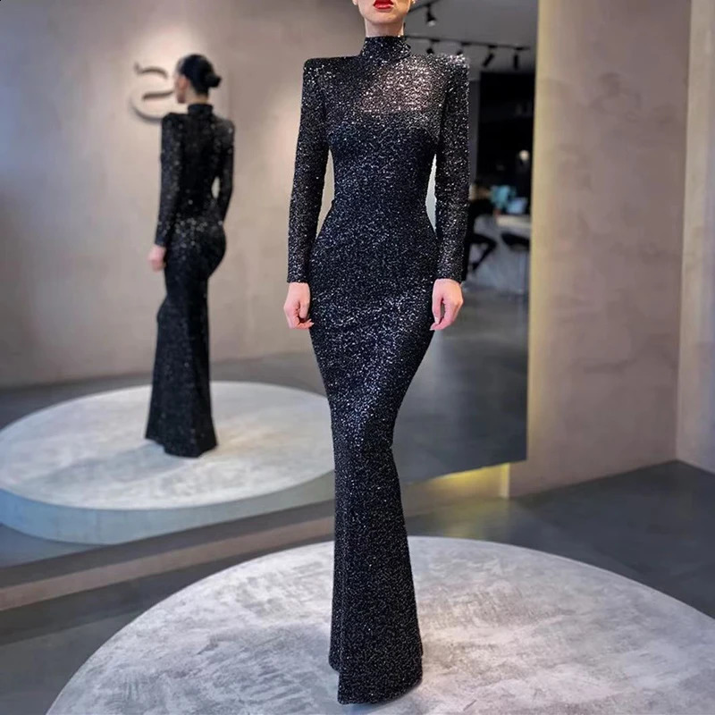 Black sequins lace High collar Evening Dresses Long sleeves Tight fitting Prom Dresses Customized vestidos de gala 241227