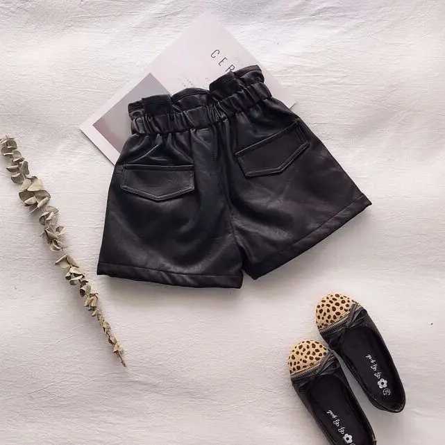 100-160cm Winter Girls Thick Wool Pu Leather Shorts Baby Children Fashion Two tone W241227