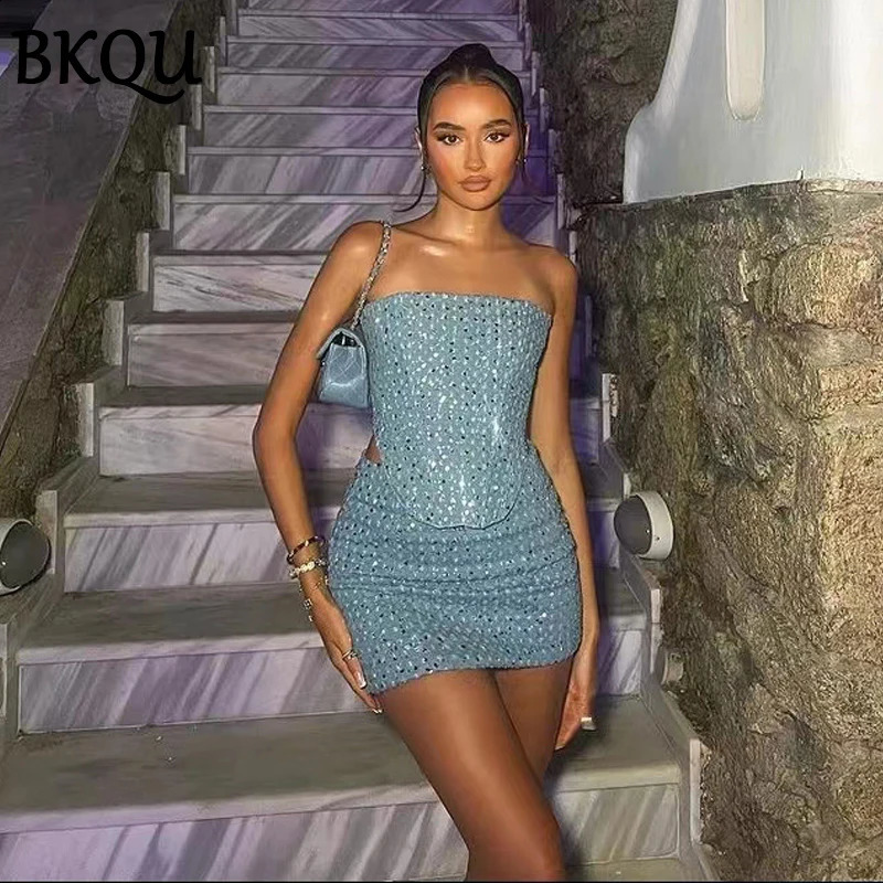 BKQU Women Sequined Denim Two Piece Sets Sexy Strapless Corset Tank Tops and Mini Skirt 2024 Summer Party Nightclub Outfits 241220