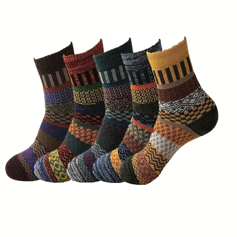 5pairs Unisex Ethnic Style Vintage Thick Wool Warm Crew Men Socks Soft UltraComfortable High Quality Breathable Womens Sock 241227