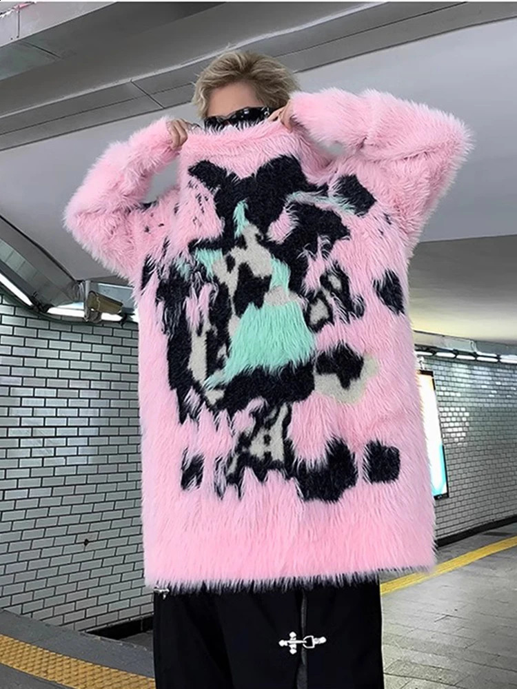REDDACHIC Pink Plush Graffiti Mohair Sweater for Men Winter Warm Jacquard Jumper Top Loose Casual Knit Top Aesthetic Y2k Clothes 241224