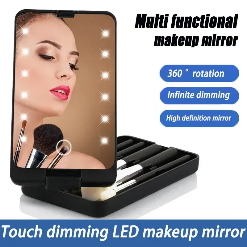 Travel Makeup Brush Mirror Set 5PCS Makeup BrushesUsb Rechargeable with LED Mirror Case Adjustable Makeup Brush Organizer 241223