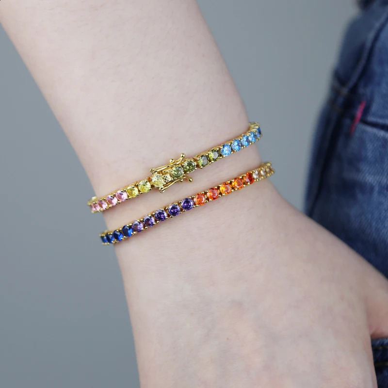 Arrived Tennis Round Cubic Zirconia Bracelet For Women Girl Jewelry Gold Color Rainbow Cz Gorgeous Trendy Bangle 241227