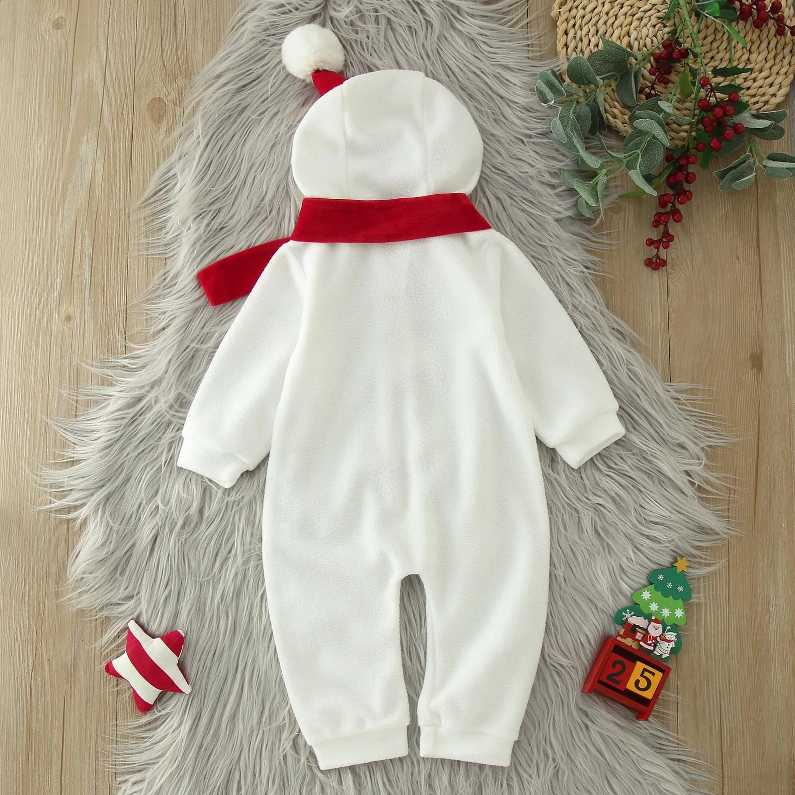 Infant Boys Girls Christmas Costumes Fleece Thick Long Sleeve Romper Cartoon Snowman Cosplay Hooded Jumpsuits For 3 6 12 Months 241226