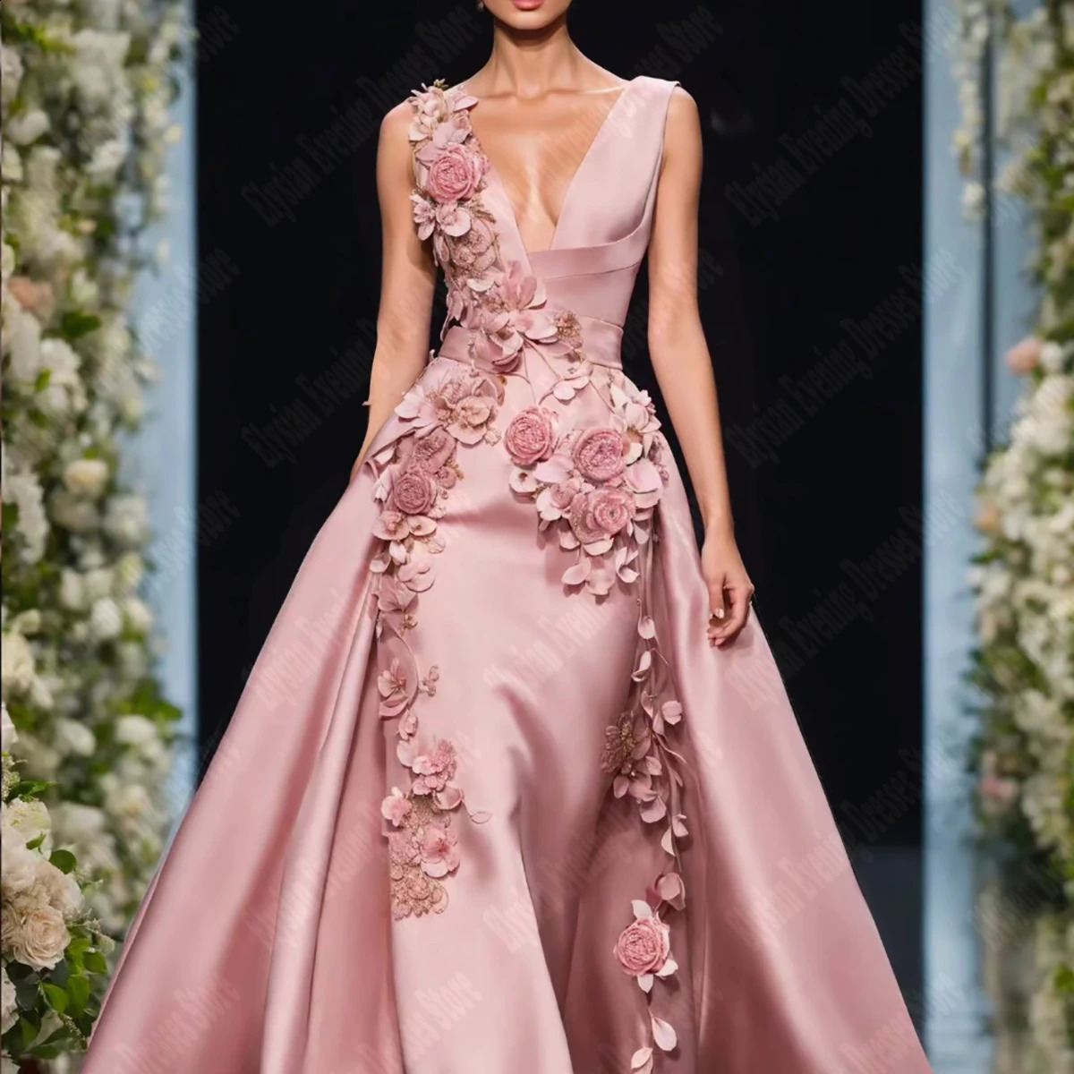 2025 Elegant Evening Dresses A Line 3D Flowers Sleeveless Formal Princess Party Gowns V-Neck Customized Satin Vestidos De Noche 241223