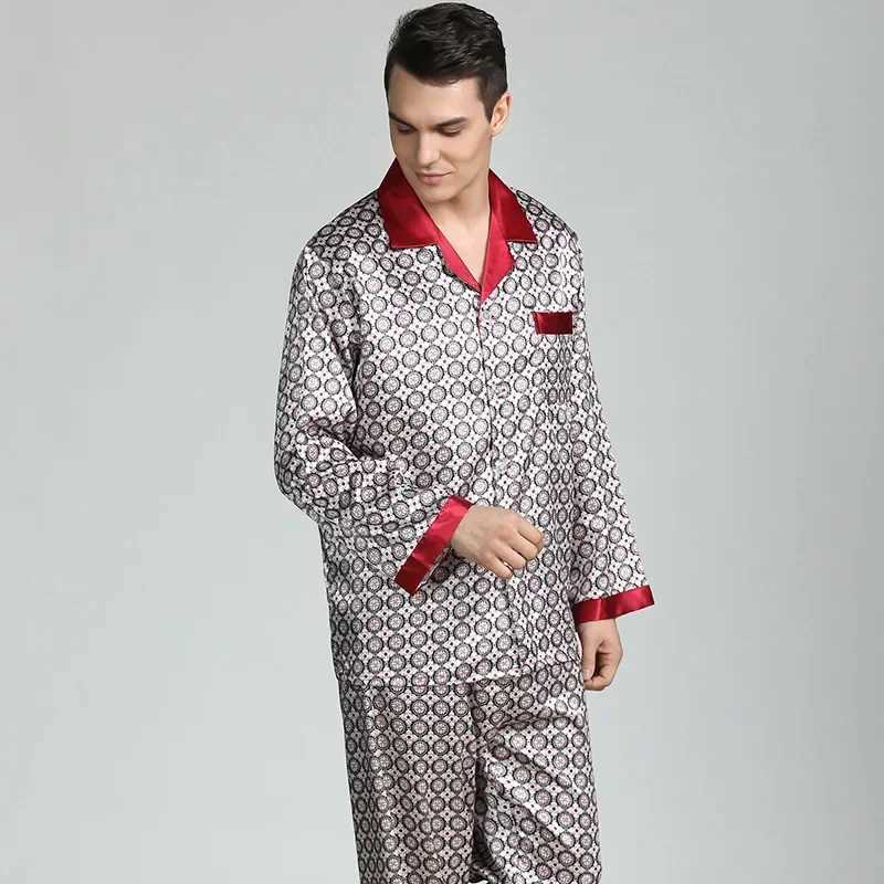 Silk Satin Pajamas for Men Sleepwear Cozy Soft Print Long Sleeve Nightgown Tops+ Trousers Two Pieces Mens Pajama SetXJ241227
