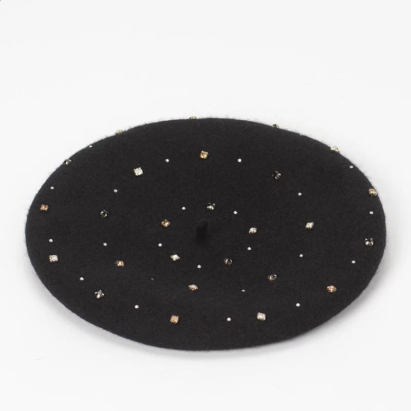 COKK Hand Sewing Wool Beret Women Hat Autumn Winter Rhinestone Beret Cap Hat Female Korean Painter Cap Boina Gorras Vintage 241226