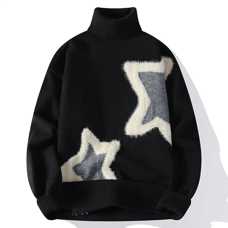 Winter Fashion Color Matching Sweater for Men Harajuku Turtleneck Trend Star Printing Soft Warm Knitwear 241224