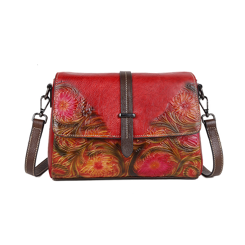 2023 summer new top layer cowhide single shoulder diagonal cross women's bag, embossed process straight