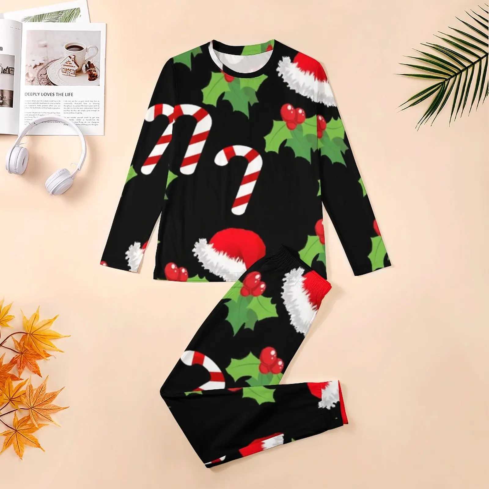 Christmas Hat Print Pajamas Daily Cartoon Christmas Bedroom Nightwear Male 2 Pieces Custom Long Sleeves Big Size Pajamas SetXJ241227