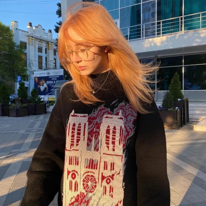 Womens Y2k Harajuku Abstract Architecture Pattern American ONeck Pullover Unisex Sweater Knitted WarmLoose Oversized Sweatshirt 241223