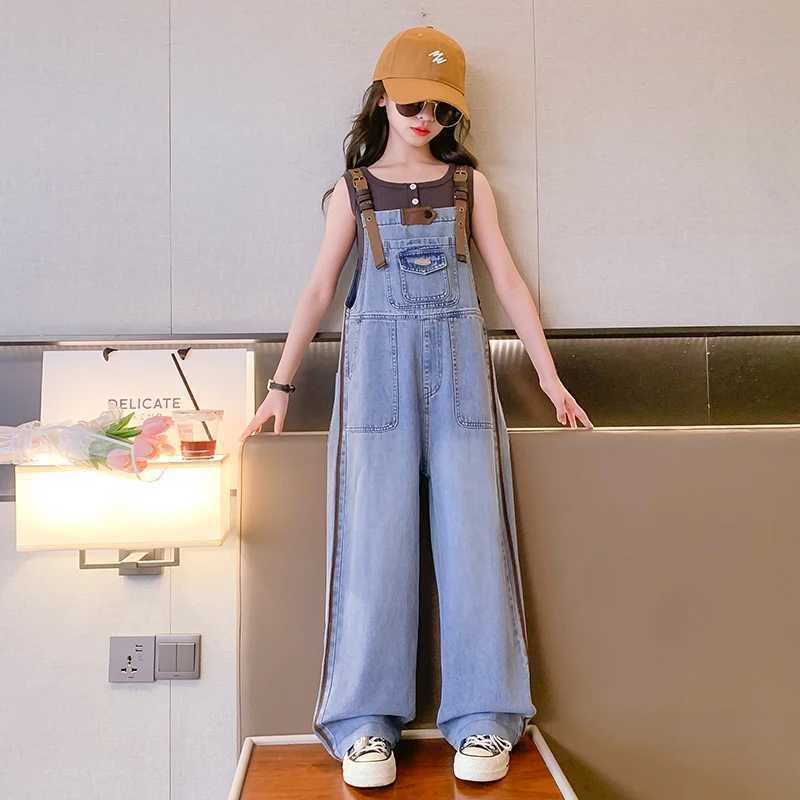 Little girls jeans cover a slim homeless person aged 4-14 summer sleeveless T-shirt vest and pants fashion set W241227