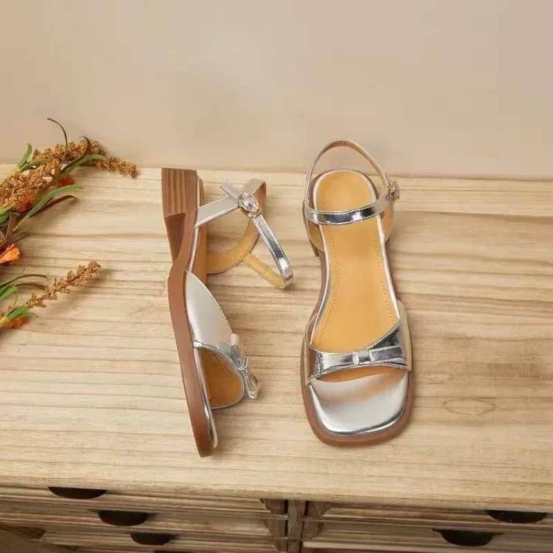High Quality Bow shaped strap sandals for women with flat soles and thick heels. Summer New Versatile Fashion Gold Silver T241227