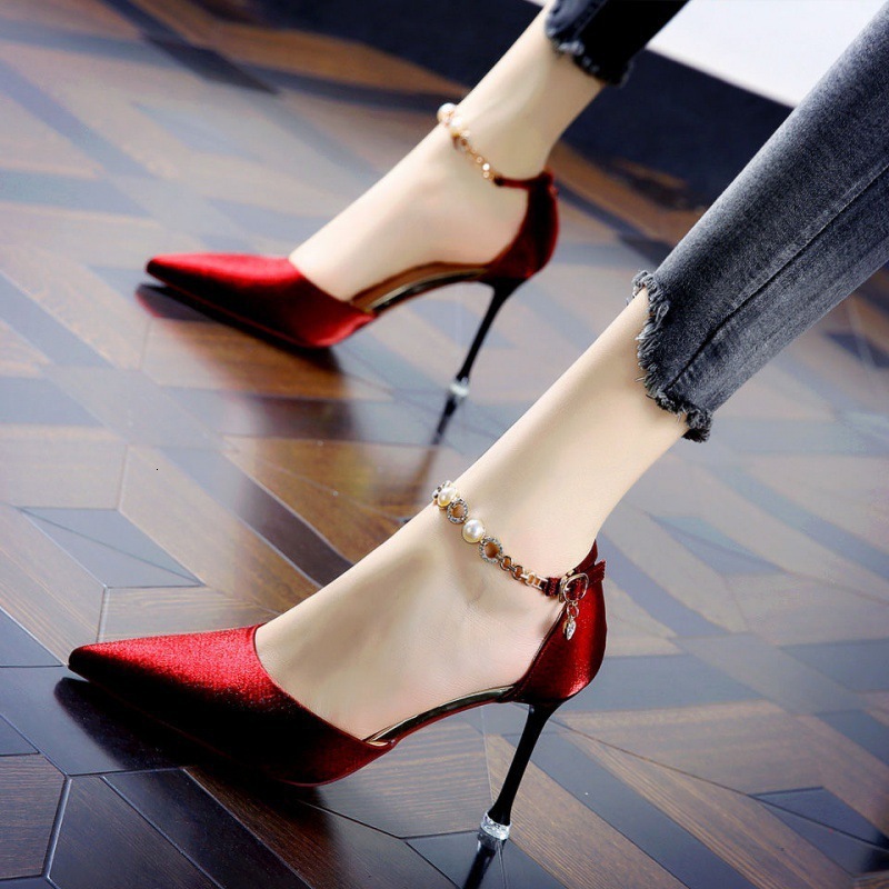 Soled Ddmywed Red High Heeled Shoes Sexy Satin One Line Buckle Pointed Rhinestone Spring Slim Heel Dress Women S Singles Chinese Brand F Ddmysaturn