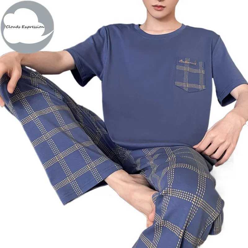 Summer Knitted Cool Mens Pyjamas Pajamas Casual Short-Sleeved Long Pants Pjs Sets Mens Sleepwear Nightwear Pijamas 4XL HomeweaXJ241227