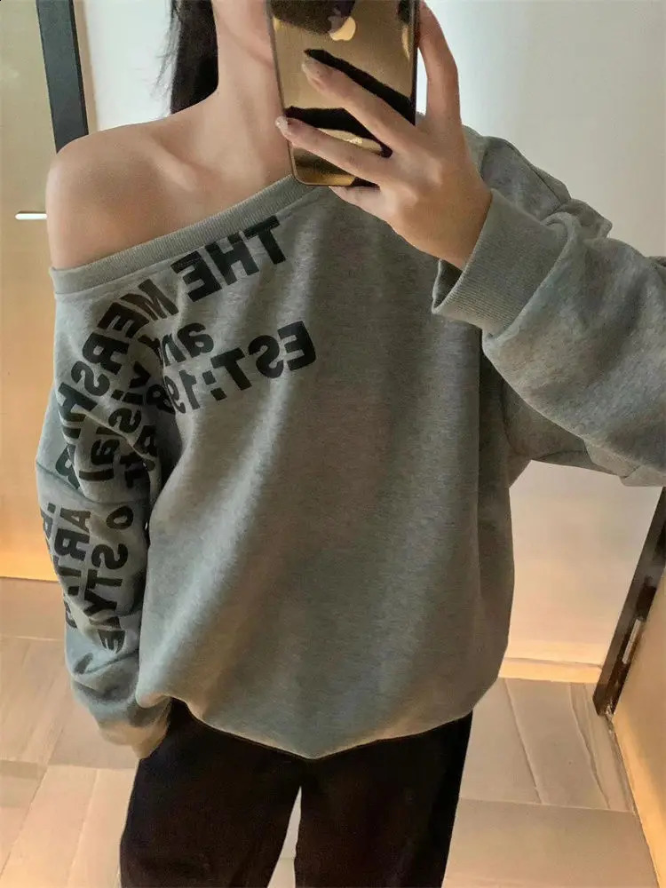 American Style Sloping Shoulder Letter n Hoodie for Spicy Women Ins Loose Casual Top Long Sleeved 241223