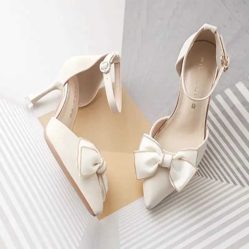 New Arrival Mid high heels womens shoe trend toe butterfly slim high heels elegant wedding dress wedding party white designer T250409
