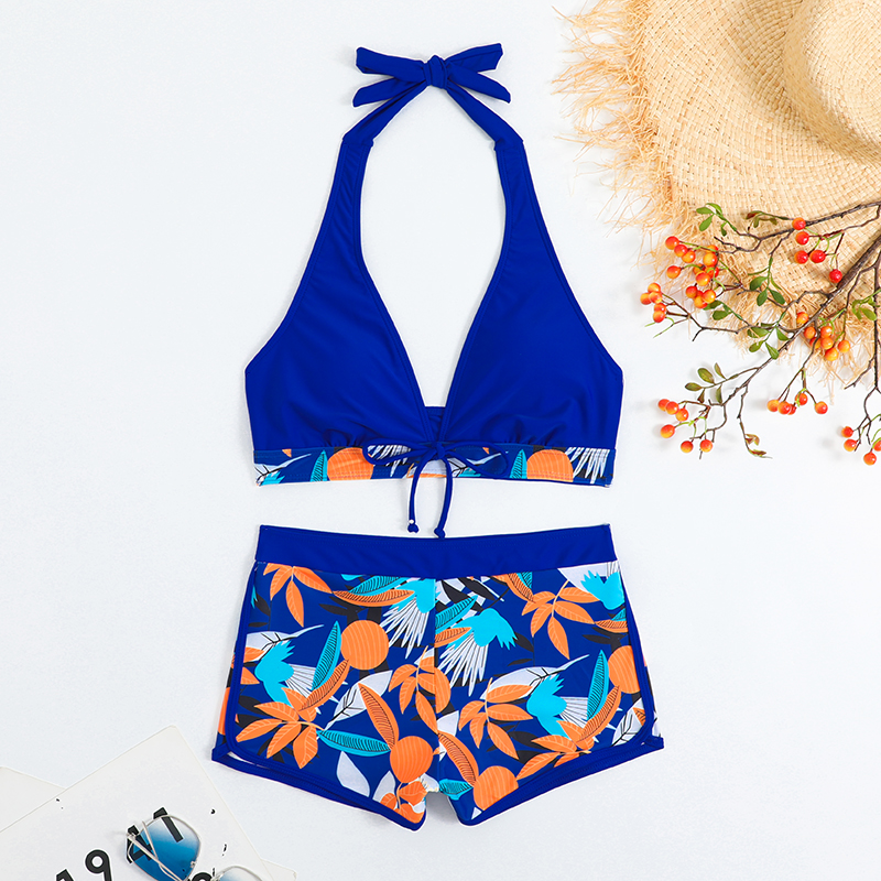 Stylish Women Halter Bikinis Set High Waist Shorts Swimsuit Padded Deep V-Neck Bikini Push-up Swimwear Ladies Printing Bathing Suits Boyshorts Beach W
