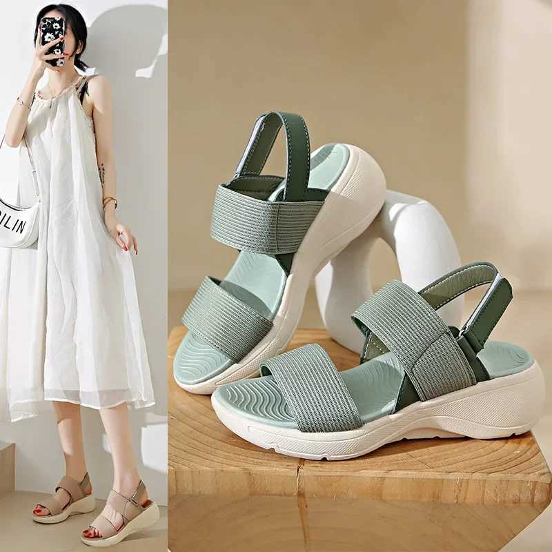 High Quality Womens Solid Color Flatform Sandals Open Toe Elastic Strap Slingback Lightweight Non-slip Shoes Summer Comfy Shoes T241227